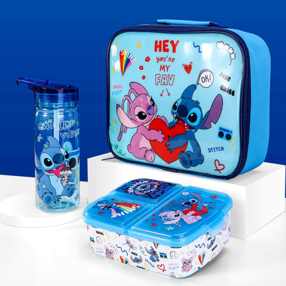 Stitch Island Kids Lunch Box Set – Insulated Lunch Bag, Multicompartment Lunch Box & 580ml Water Bottle, BPA Free