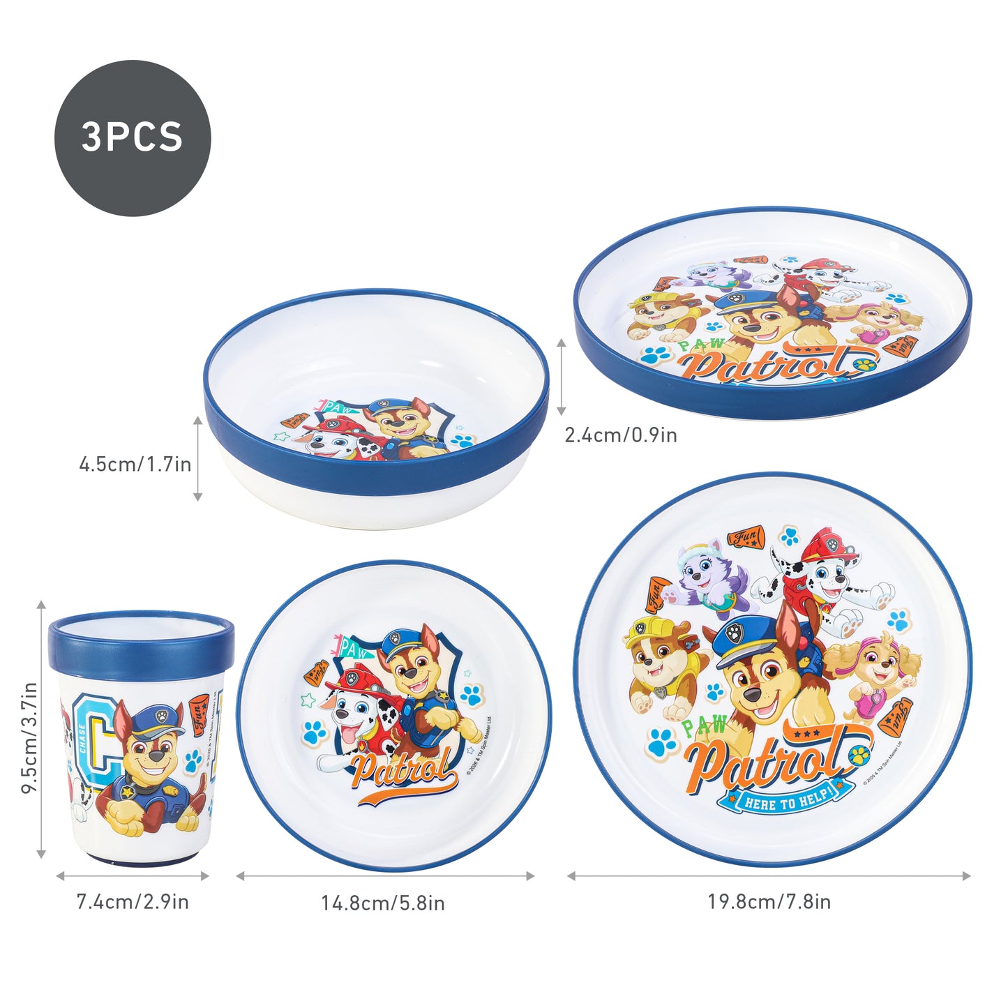 Paw Patrol 3pcs Reusable Bicolor Premium Kids Dinner Tableware Set Plate, Bowl & Tumbler, BPA Free