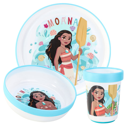 Moana 3pcs Reusable Bicolor Premium Kids Dinner Tableware Set Plate, Bowl & Tumbler, BPA Free