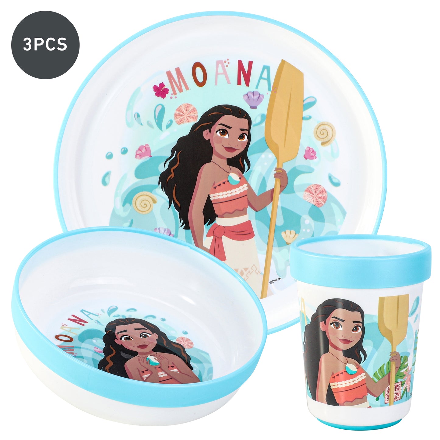 Moana 3pcs Reusable Bicolor Premium Kids Dinner Tableware Set Plate, Bowl & Tumbler, BPA Free