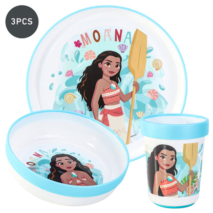 Moana 3pcs Reusable Bicolor Premium Kids Dinner Tableware Set Plate, Bowl & Tumbler, BPA Free