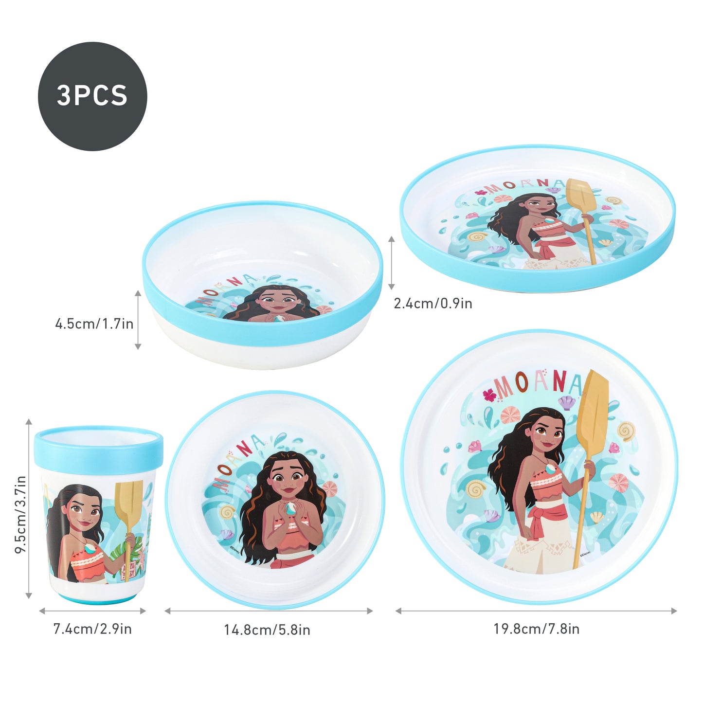 Moana 3pcs Reusable Bicolor Premium Kids Dinner Tableware Set Plate, Bowl & Tumbler, BPA Free