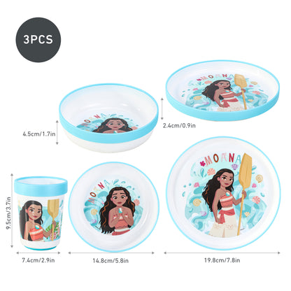 Moana 3pcs Reusable Bicolor Premium Kids Dinner Tableware Set Plate, Bowl & Tumbler, BPA Free