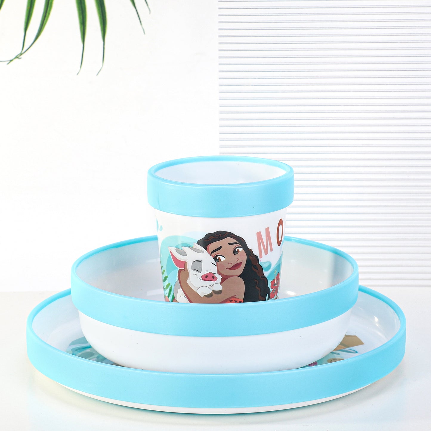 Moana 3pcs Reusable Bicolor Premium Kids Dinner Tableware Set Plate, Bowl & Tumbler, BPA Free