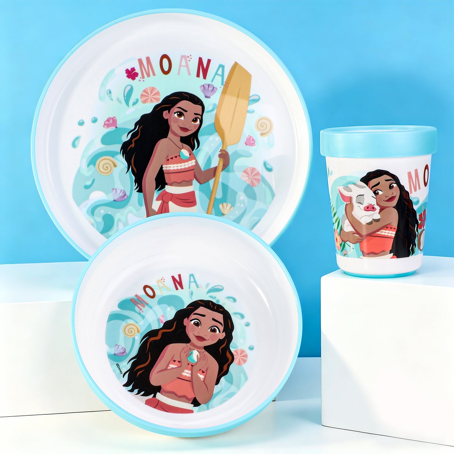 Moana 3pcs Reusable Bicolor Premium Kids Dinner Tableware Set Plate, Bowl & Tumbler, BPA Free
