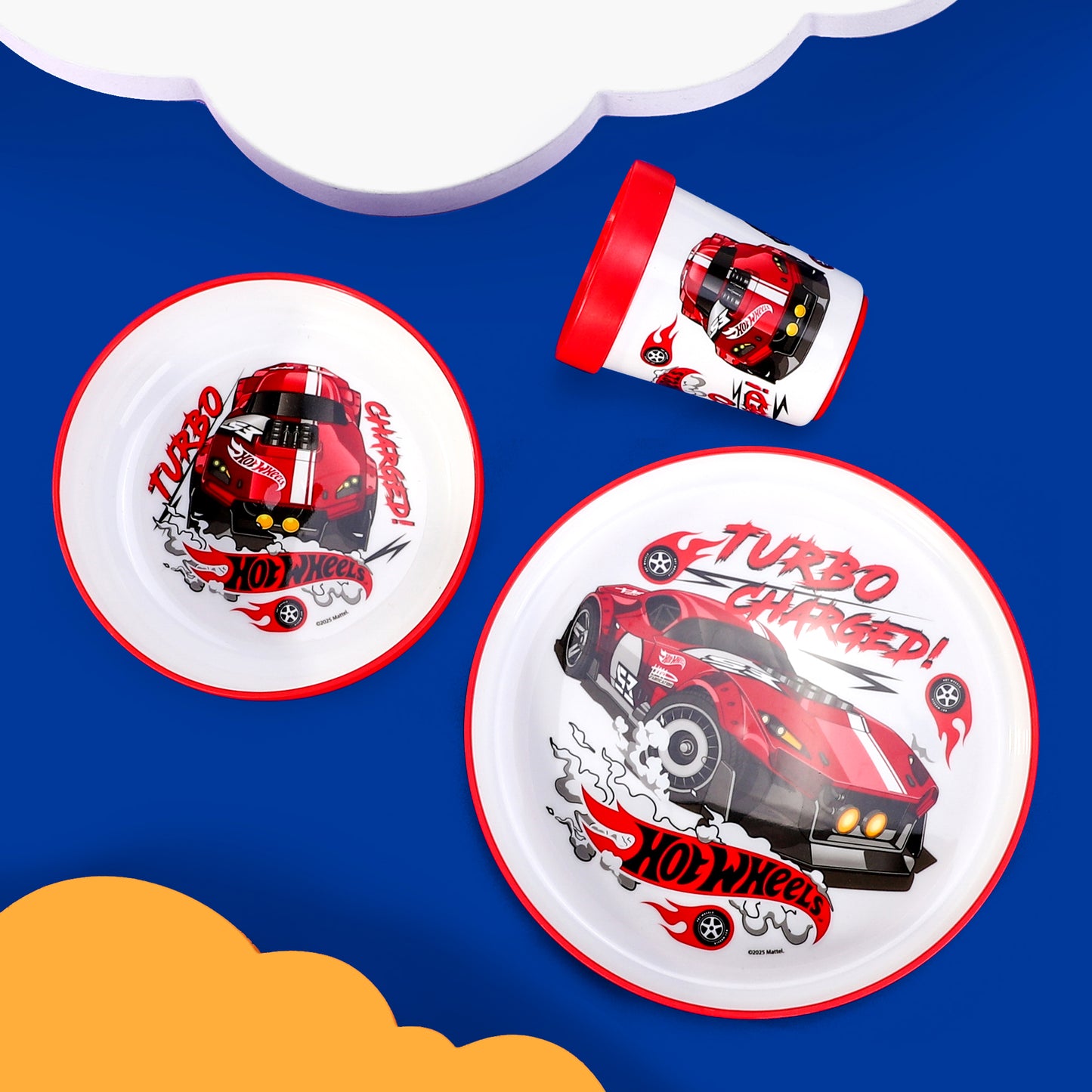 Hot Wheels 3pcs Bicolor Premium Kids Dinner Tableware Set Plate, Bowl & Tumbler, BPA Free