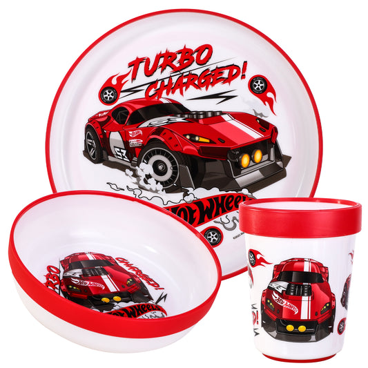 Hot Wheels 3pcs Bicolor Premium Kids Dinner Tableware Set Plate, Bowl & Tumbler, BPA Free