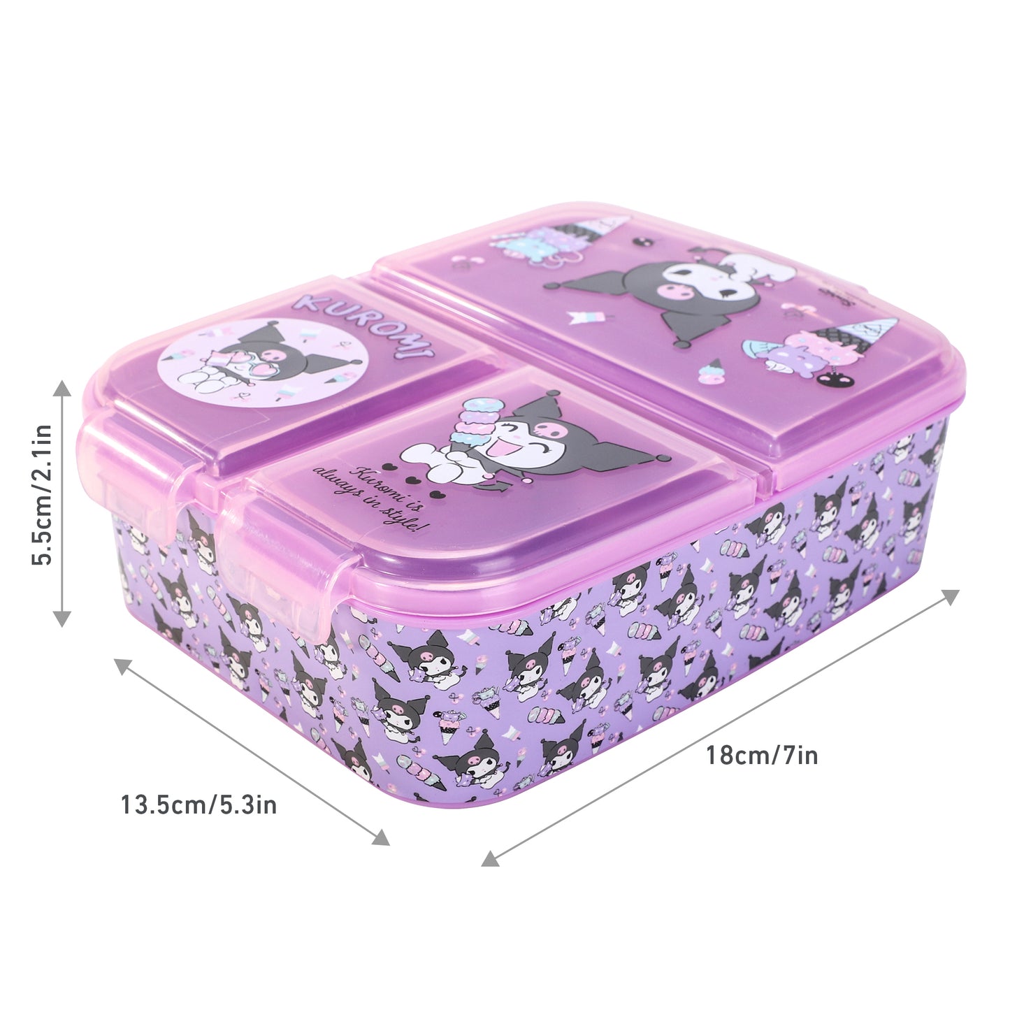 Kuromi Kids Childrens Multi Compartment Rectangular School Travel Lunch Food Box Sandwich Bento Container, BPA Free