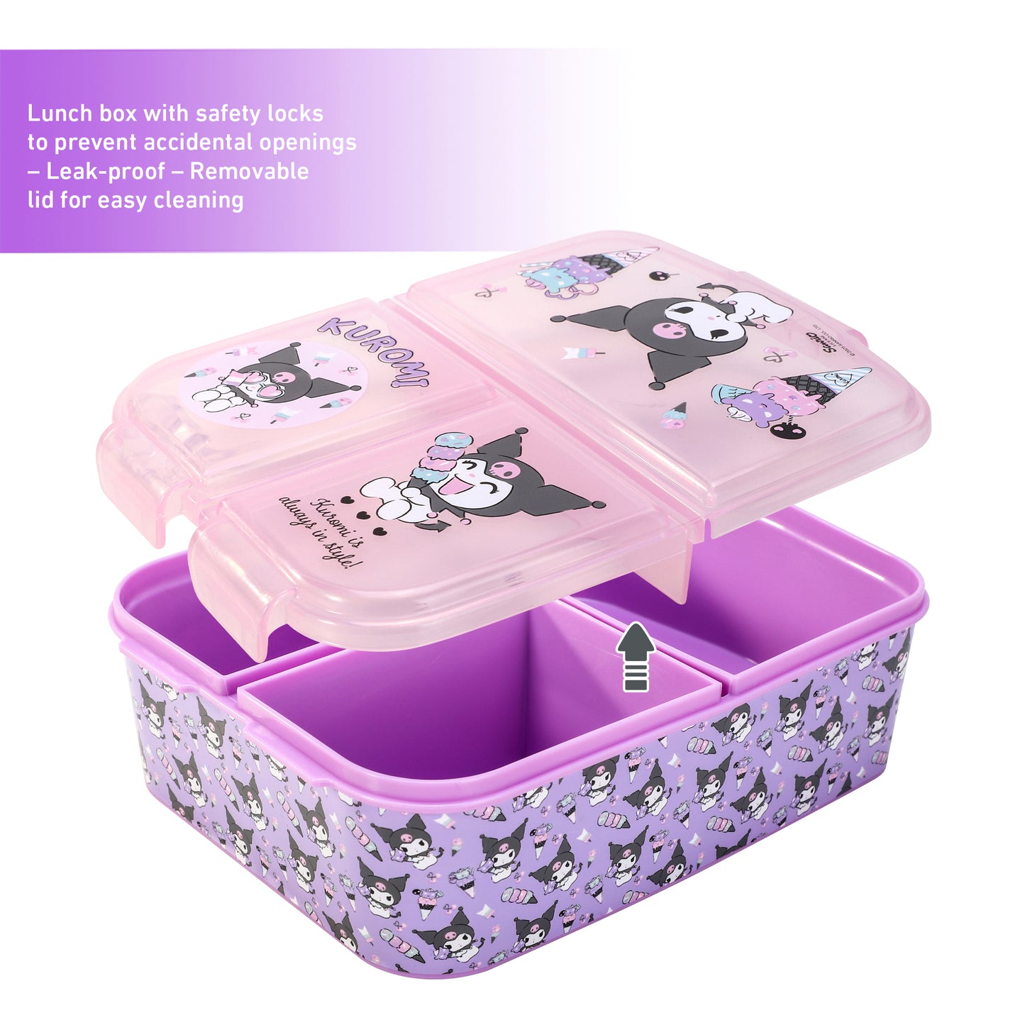 Kuromi Kids Childrens Multi Compartment Rectangular School Travel Lunch Food Box Sandwich Bento Container, BPA Free