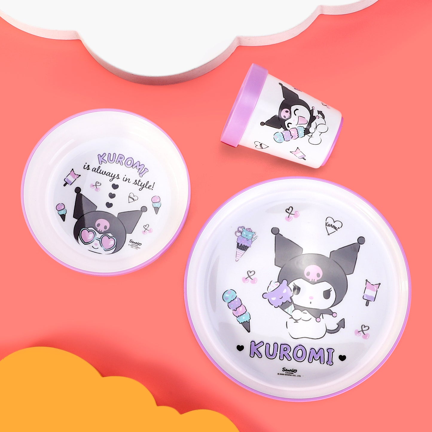 Kuromi 3pcs Bicolor Premium Kids Dinner Tableware Set Plate, Bowl & Tumbler, BPA Free