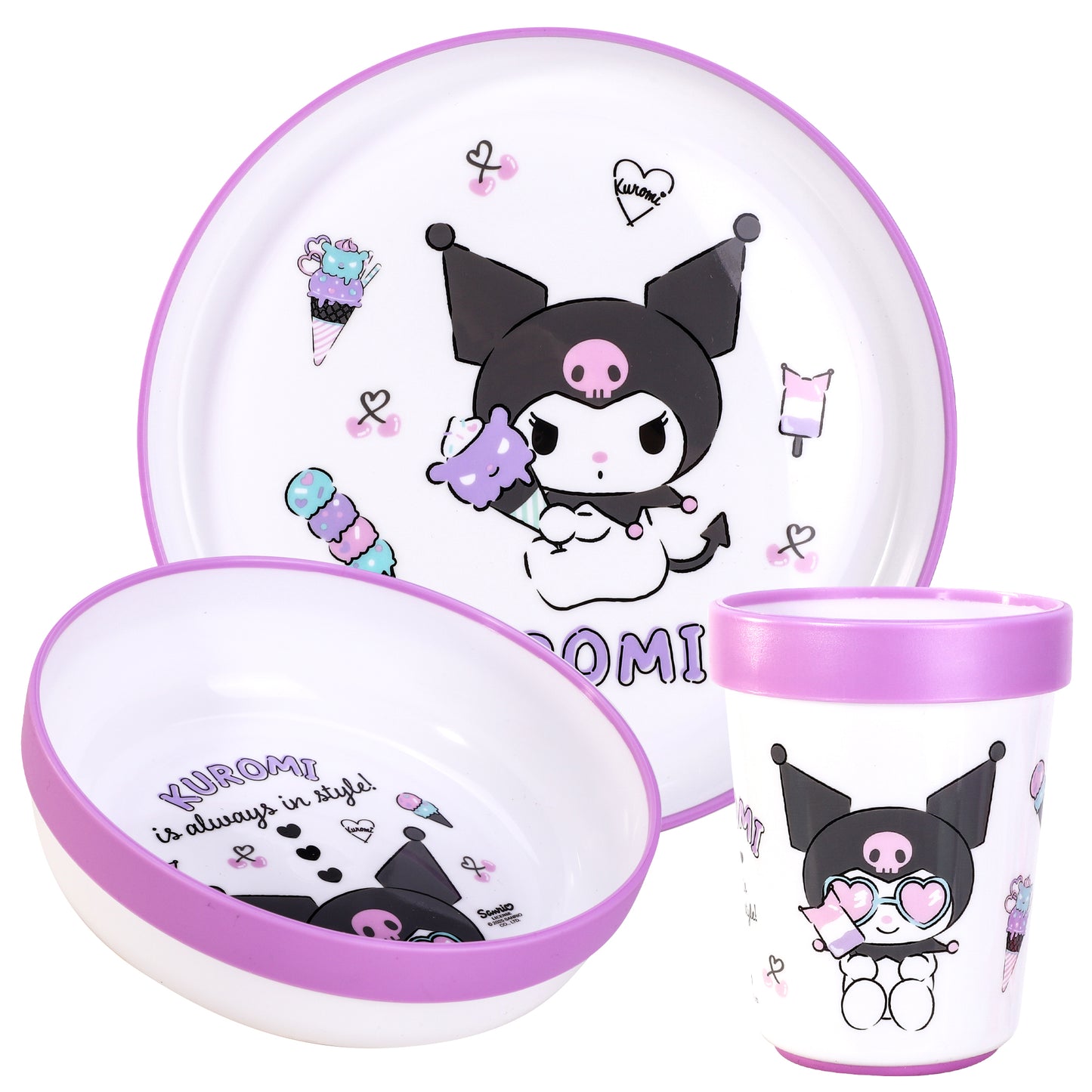 Kuromi 3pcs Bicolor Premium Kids Dinner Tableware Set Plate, Bowl & Tumbler, BPA Free