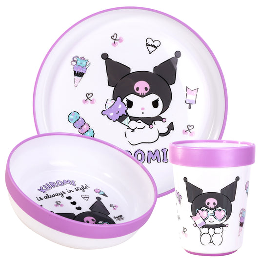 Kuromi 3pcs Bicolor Premium Kids Dinner Tableware Set Plate, Bowl & Tumbler, BPA Free