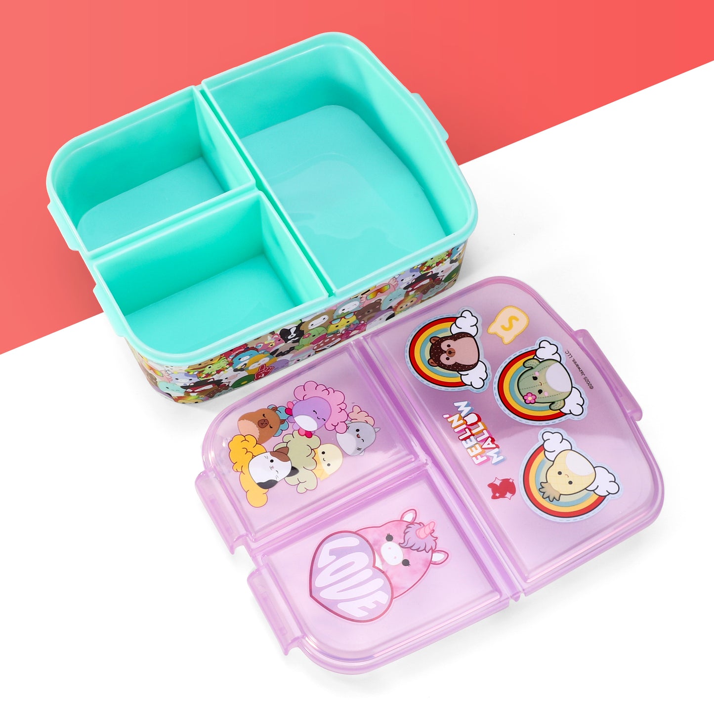 Squishmallows Kids Childrens Multi Compartment Rectangular School Travel Lunch Food Box Sandwich Bento Container, BPA Free