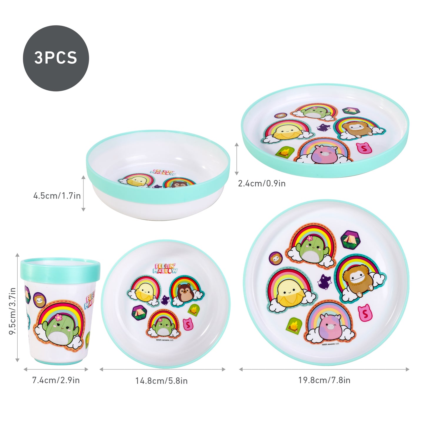 Squishmallows 3pcs Bicolor Premium Kids Dinner Tableware Set Plate, Bowl & Tumbler, BPA Free