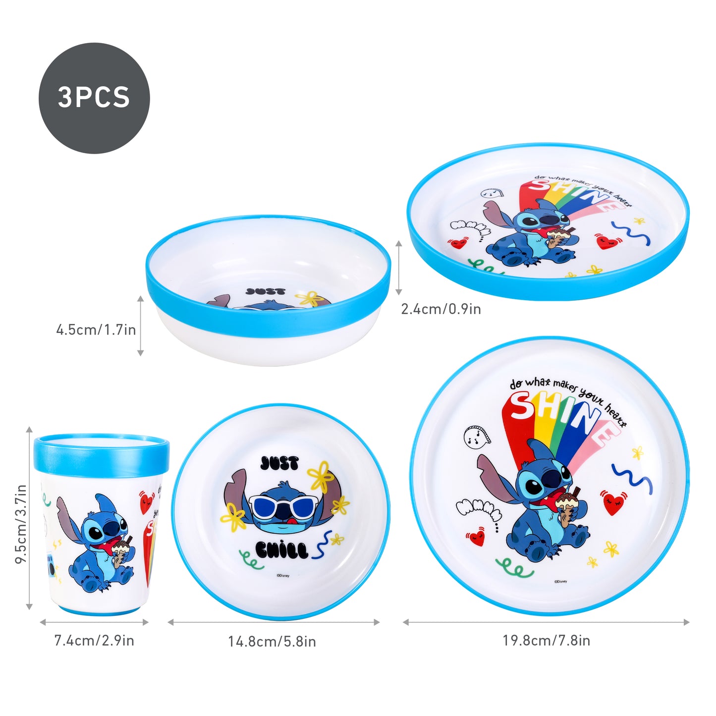 Stitch Island 3pcs Bicolor Premium Kids Dinner Tableware Set Plate, Bowl & Tumbler, BPA Free