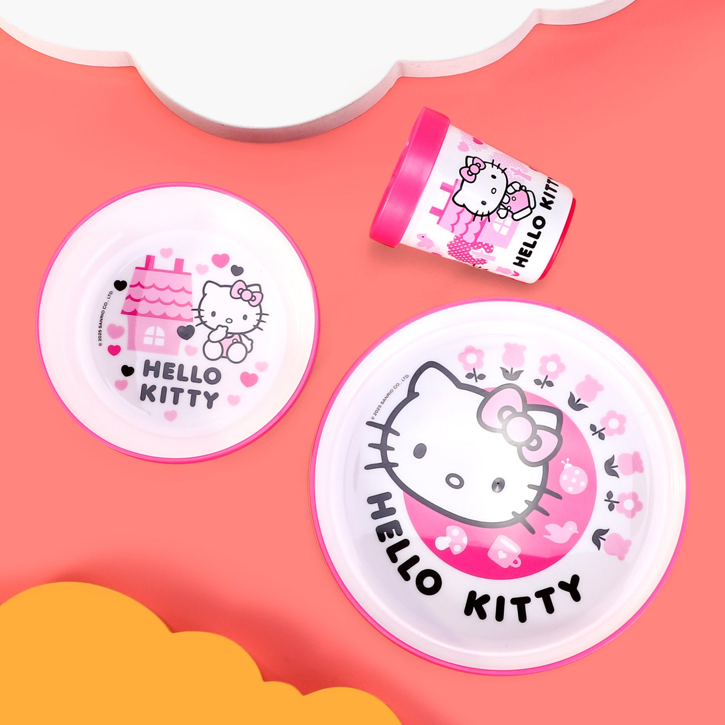 Hello Kitty Pink 3pcs Bicolor Premium Kids Dinner Tableware Set Plate, Bowl & Tumbler, BPA Free