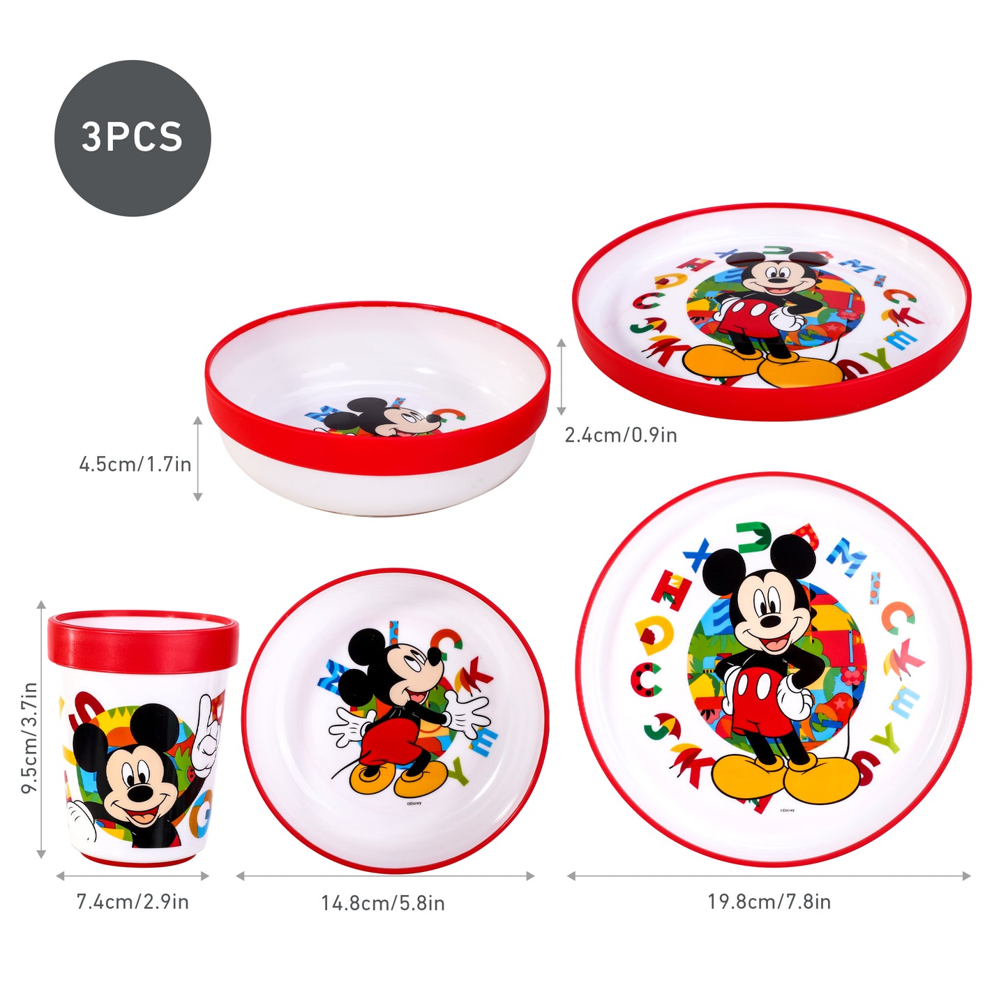 Mickey Mouse 3pcs Bicolor Premium Kids Dinner Tableware Set Plate, Bowl & Tumbler, BPA Free