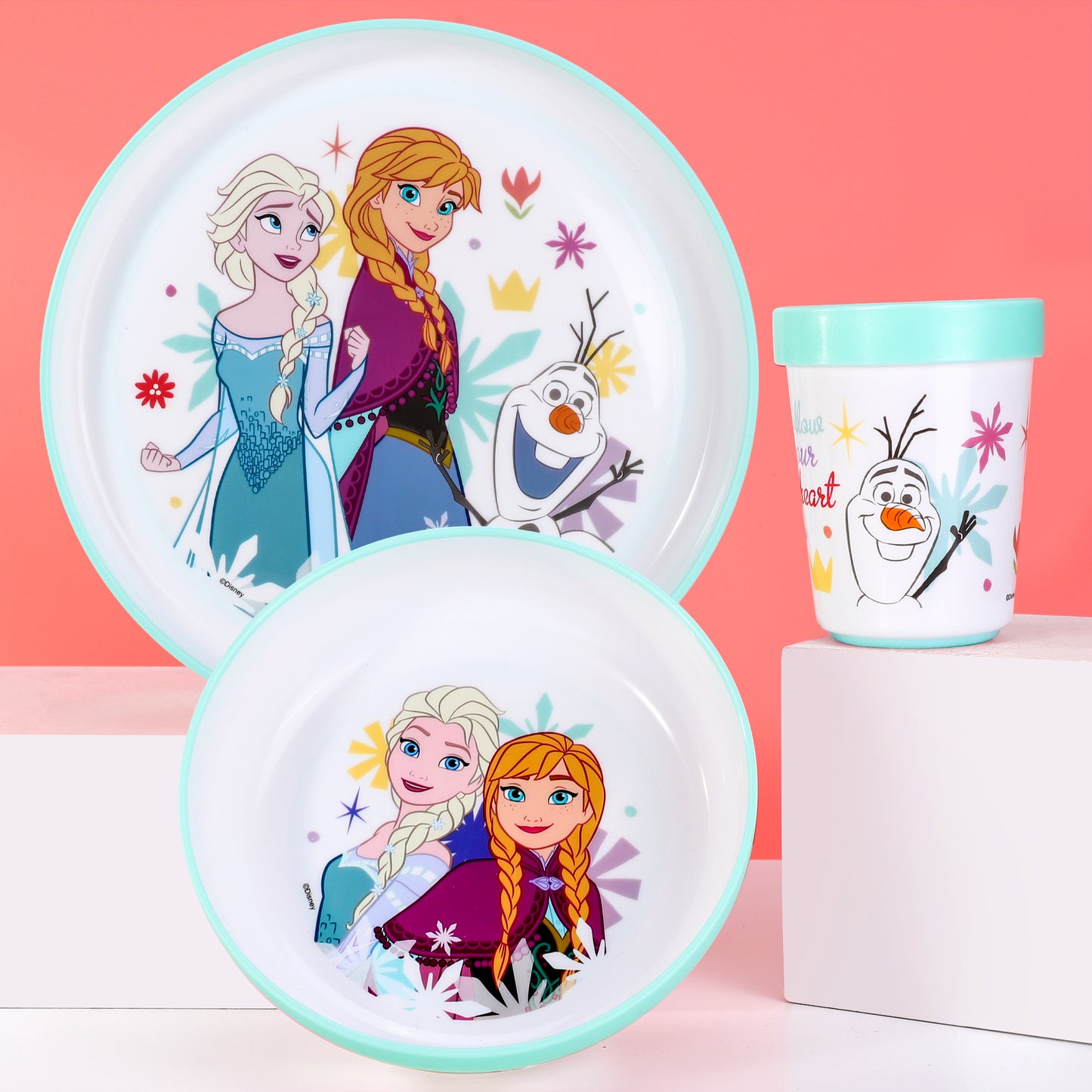 Frozen Flowers 3pcs Bicolor Premium Kids Dinner Tableware Set Plate, Bowl & Tumbler, BPA Free