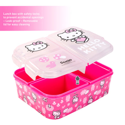 Hello Kitty Pink Kids Childrens Multi Compartment Rectangular School Travel Lunch Food Box Sandwich Bento Container, BPA Free