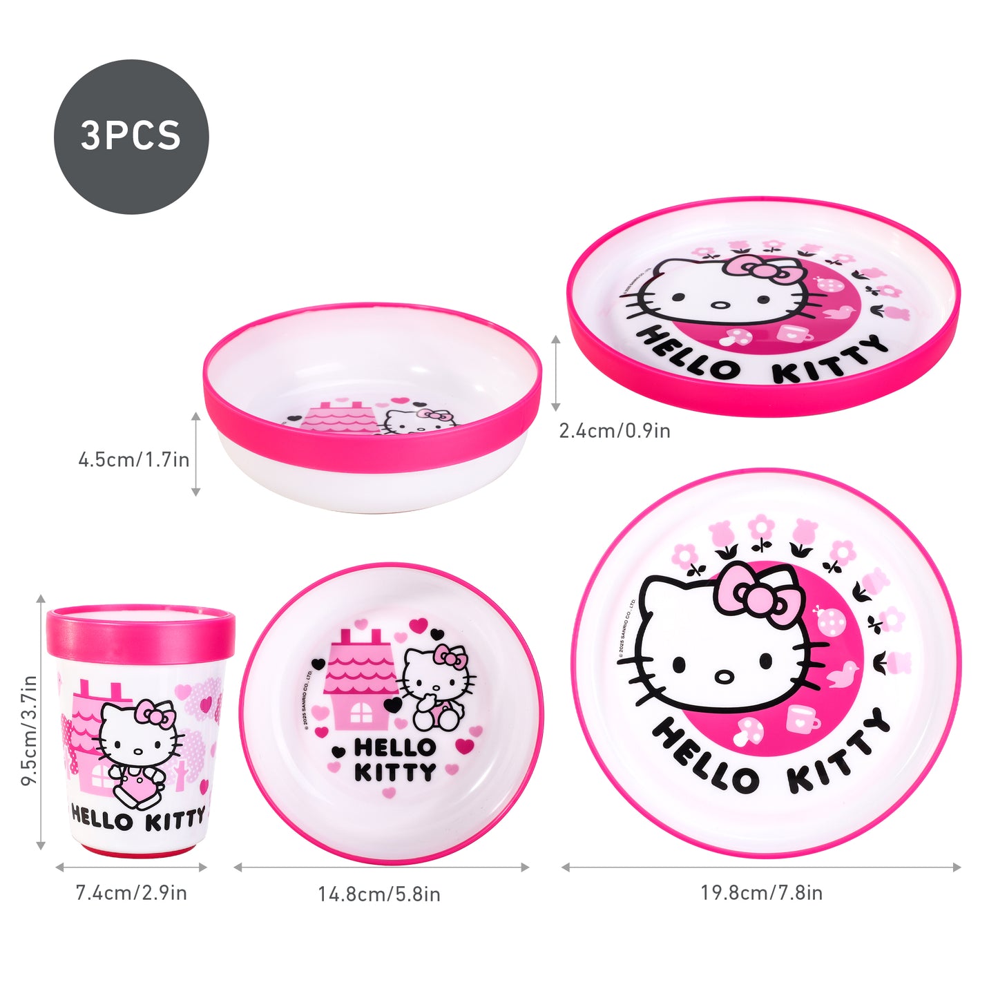 Hello Kitty Pink 3pcs Bicolor Premium Kids Dinner Tableware Set Plate, Bowl & Tumbler, BPA Free