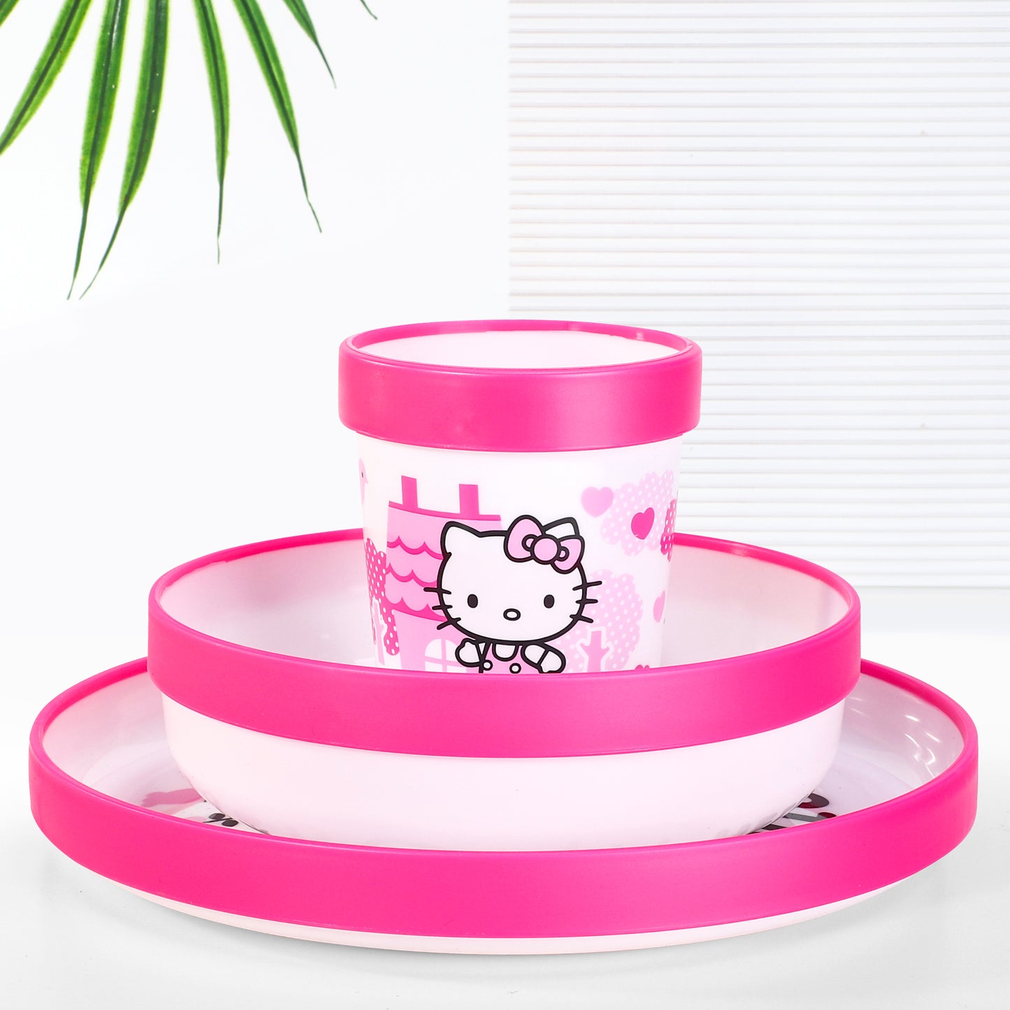 Hello Kitty Pink 3pcs Bicolor Premium Kids Dinner Tableware Set Plate, Bowl & Tumbler, BPA Free