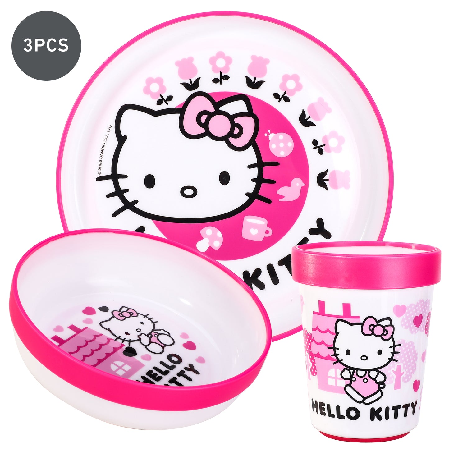 Hello Kitty Pink 3pcs Bicolor Premium Kids Dinner Tableware Set Plate, Bowl & Tumbler, BPA Free