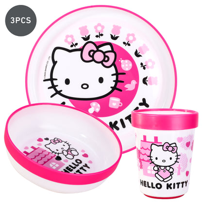Hello Kitty Pink 3pcs Bicolor Premium Kids Dinner Tableware Set Plate, Bowl & Tumbler, BPA Free