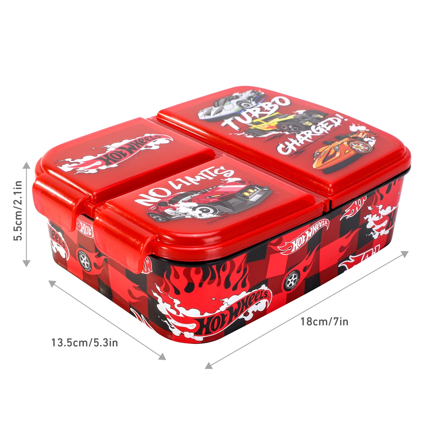 Hot Wheels Kids Childrens Multi Compartment Rectangular School Travel Lunch Food Box Sandwich Bento Container, BPA Free