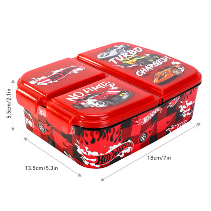 Hot Wheels Kids Childrens Multi Compartment Rectangular School Travel Lunch Food Box Sandwich Bento Container, BPA Free