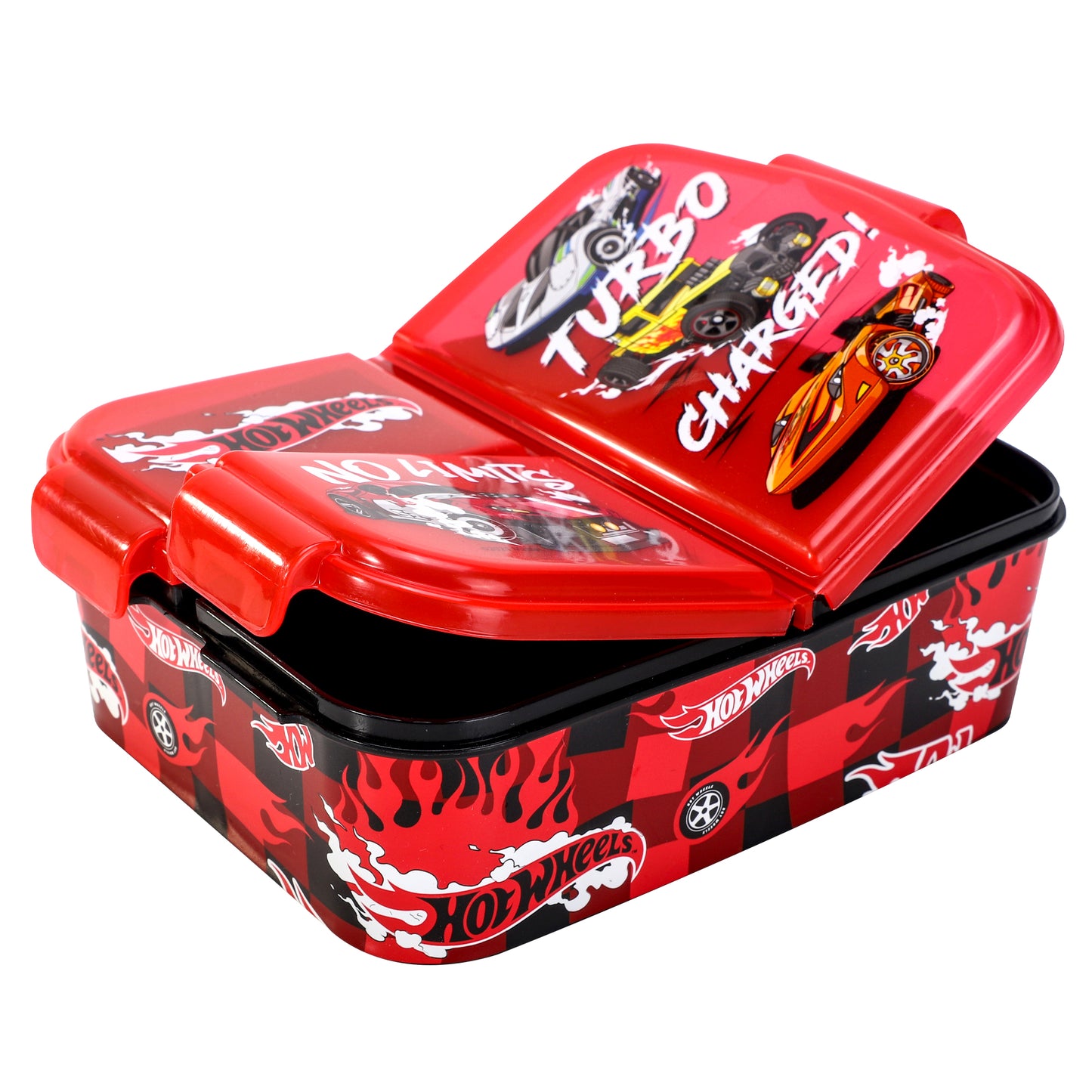Hot Wheels Kids Childrens Multi Compartment Rectangular School Travel Lunch Food Box Sandwich Bento Container, BPA Free