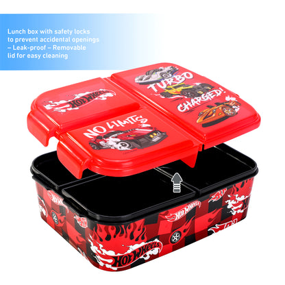 Hot Wheels Kids Childrens Multi Compartment Rectangular School Travel Lunch Food Box Sandwich Bento Container, BPA Free