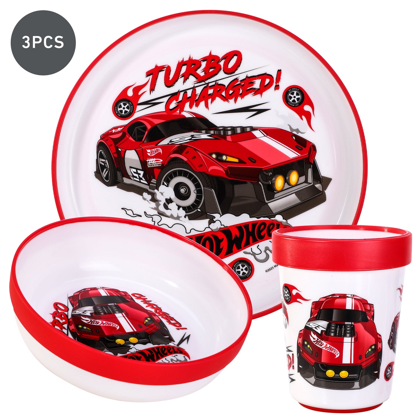 Hot Wheels 3pcs Bicolor Premium Kids Dinner Tableware Set Plate, Bowl & Tumbler, BPA Free