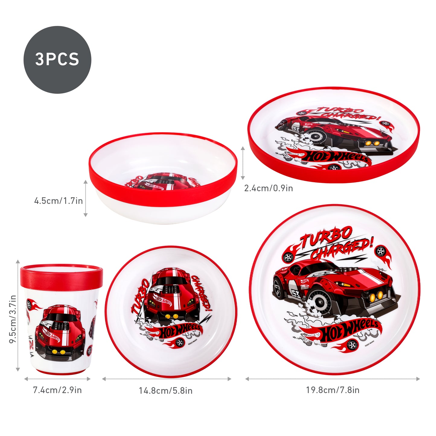 Hot Wheels 3pcs Bicolor Premium Kids Dinner Tableware Set Plate, Bowl & Tumbler, BPA Free