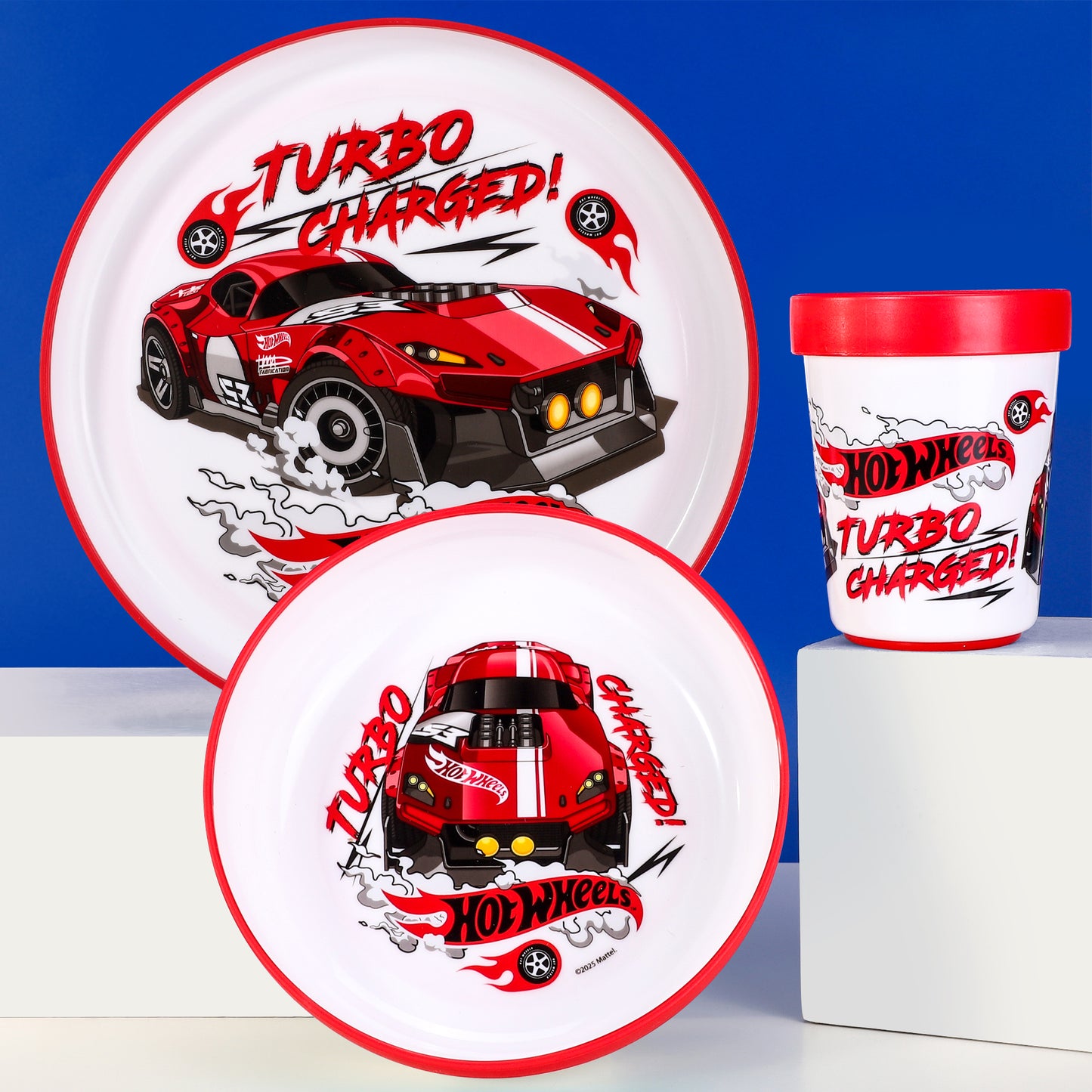 Hot Wheels 3pcs Bicolor Premium Kids Dinner Tableware Set Plate, Bowl & Tumbler, BPA Free