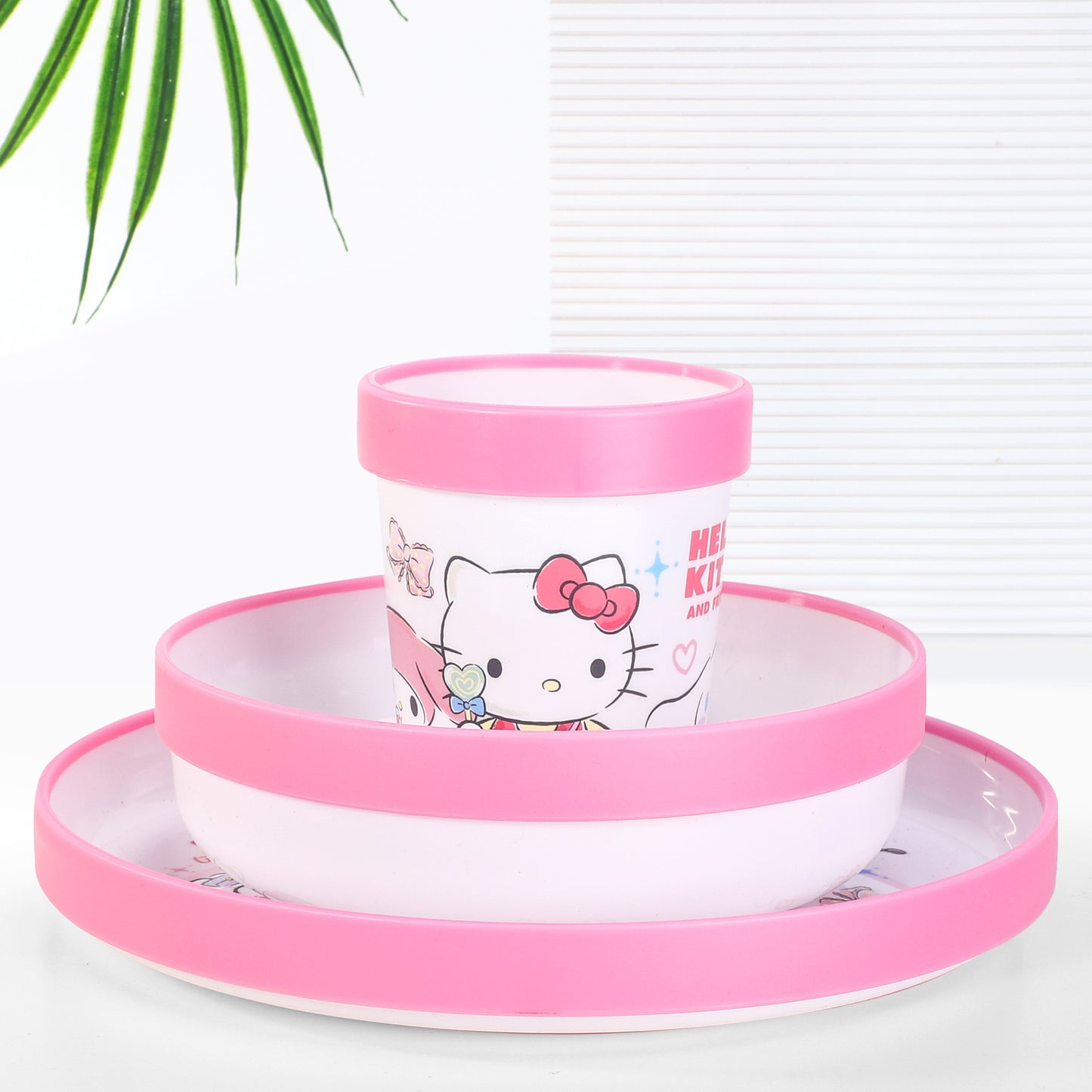 Hello Kitty & Friends 3pcs Bicolor Premium Kids Dinner Tableware Set Plate, Bowl & Tumbler, BPA Free