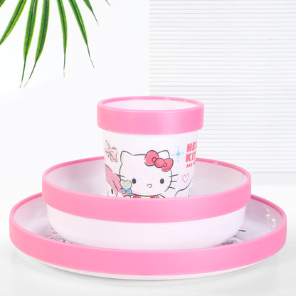 Hello Kitty & Friends 3pcs Bicolor Premium Kids Dinner Tableware Set Plate, Bowl & Tumbler, BPA Free