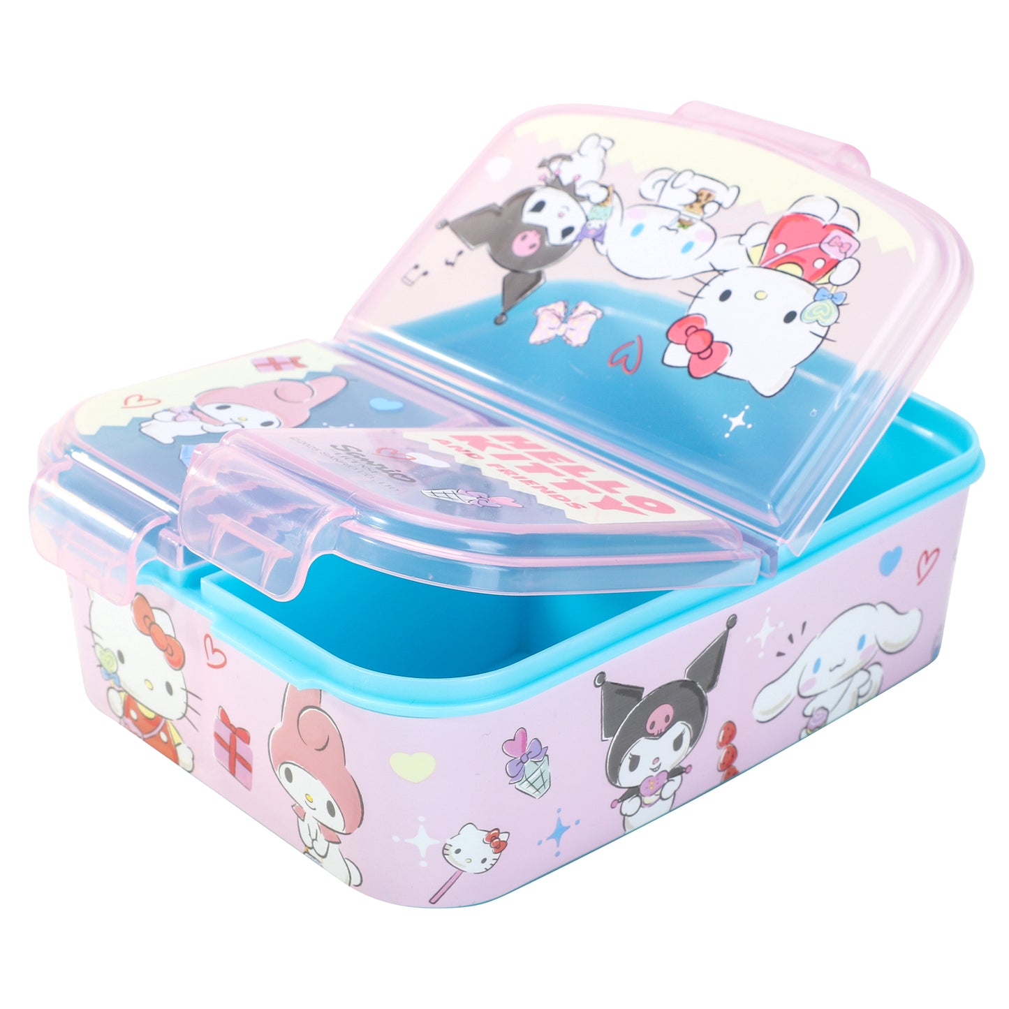 Hello Kitty & Friends Kids Childrens Multi Compartment Rectangular School Travel Lunch Food Box Sandwich Bento Container, BPA Free