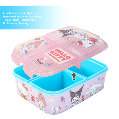 Hello Kitty & Friends Kids Childrens Multi Compartment Rectangular School Travel Lunch Food Box Sandwich Bento Container, BPA Free