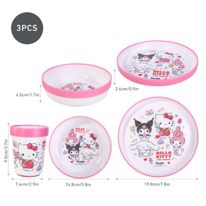 Hello Kitty & Friends 3pcs Bicolor Premium Kids Dinner Tableware Set Plate, Bowl & Tumbler, BPA Free