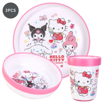 Hello Kitty & Friends 3pcs Bicolor Premium Kids Dinner Tableware Set Plate, Bowl & Tumbler, BPA Free