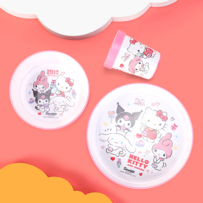 Hello Kitty & Friends 3pcs Bicolor Premium Kids Dinner Tableware Set Plate, Bowl & Tumbler, BPA Free