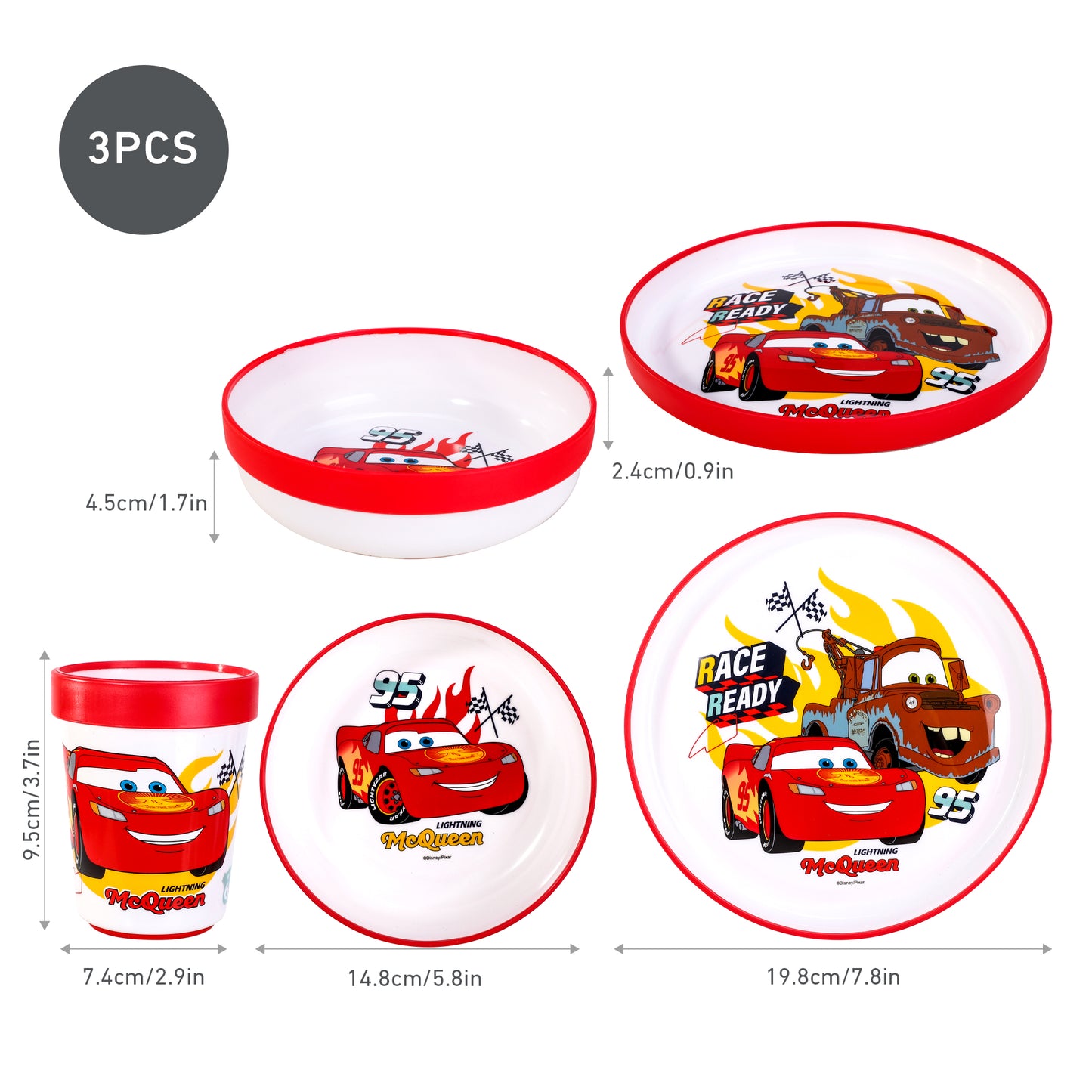 Cars 3pcs Bicolor Premium Kids Dinner Tableware Set Plate, Bowl & Tumbler, BPA Free