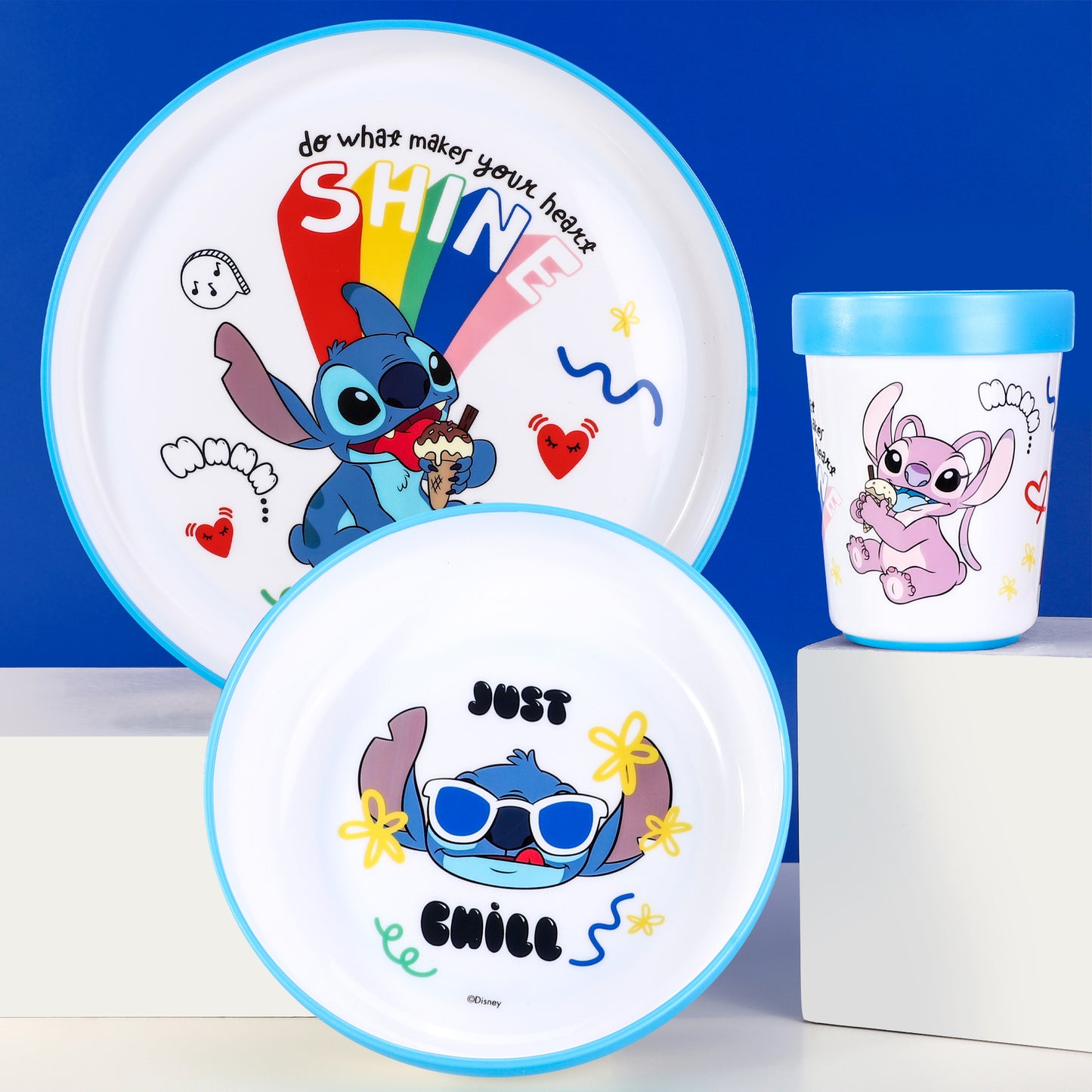 Stitch Island 3pcs Bicolor Premium Kids Dinner Tableware Set Plate, Bowl & Tumbler, BPA Free