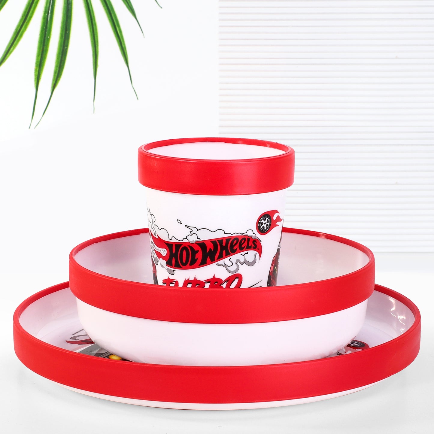 Hot Wheels 3pcs Bicolor Premium Kids Dinner Tableware Set Plate, Bowl & Tumbler, BPA Free