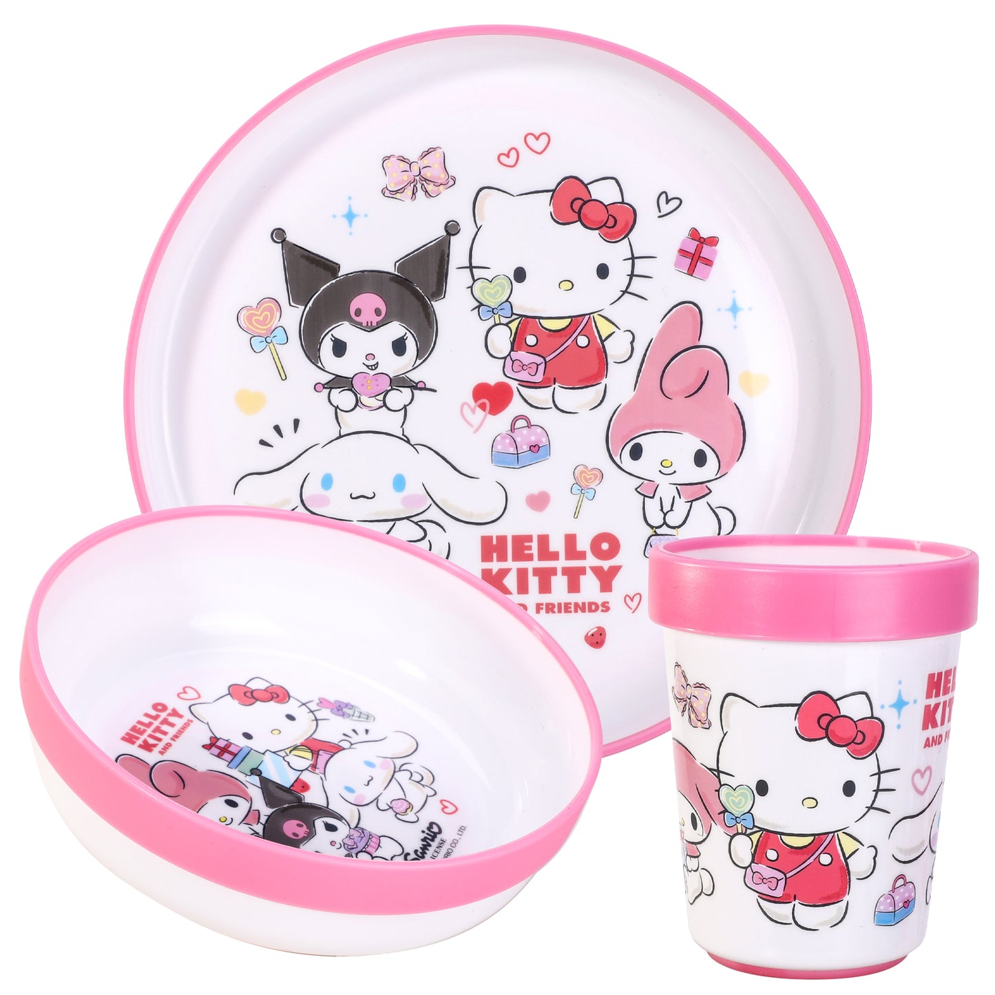 Hello Kitty & Friends 3pcs Bicolor Premium Kids Dinner Tableware Set Plate, Bowl & Tumbler, BPA Free