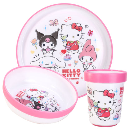 Hello Kitty & Friends 3pcs Bicolor Premium Kids Dinner Tableware Set Plate, Bowl & Tumbler, BPA Free