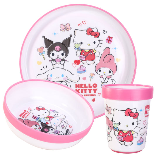 Hello Kitty & Friends 3pcs Bicolor Premium Kids Dinner Tableware Set Plate, Bowl & Tumbler, BPA Free