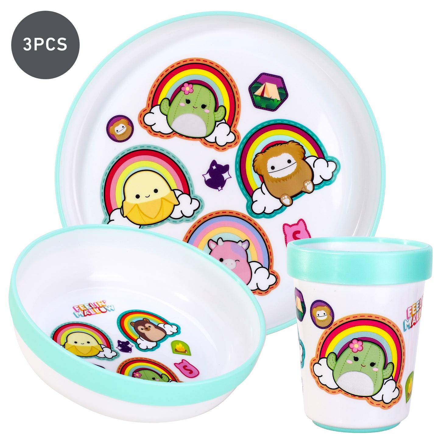 Squishmallows 3pcs Bicolor Premium Kids Dinner Tableware Set Plate, Bowl & Tumbler, BPA Free