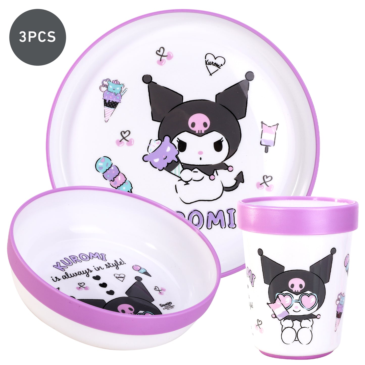 Kuromi 3pcs Bicolor Premium Kids Dinner Tableware Set Plate, Bowl & Tumbler, BPA Free