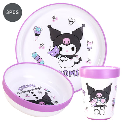 Kuromi 3pcs Bicolor Premium Kids Dinner Tableware Set Plate, Bowl & Tumbler, BPA Free